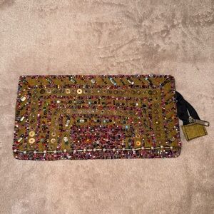 Embellished Olive Beaded Zip Clutch